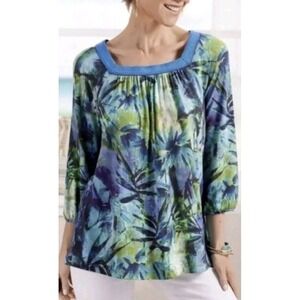 Soft Surroundings Odessa Tunic Blue Tropics Square Neck 3/4 Sleeve Medium